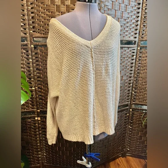 Free People oatmeal beige Knit V neck oversized slouchy off shoulder sweater m - Picture 6 of 14